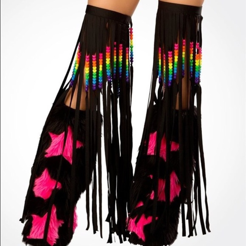 RAVE BEADED FRINGE LEG WARMERS BLACK RAINBOW BEADS